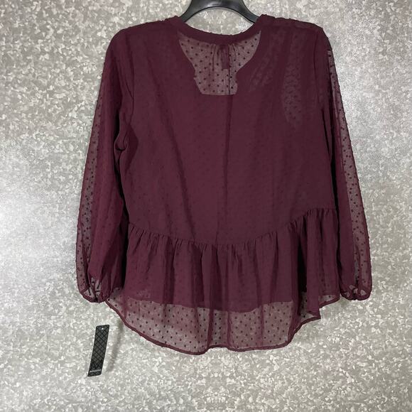 Massini NWT Women's Burgundy Boho Swiss Dot Peasant Blouse - Size Large - Sheer - Picture 7 of 7